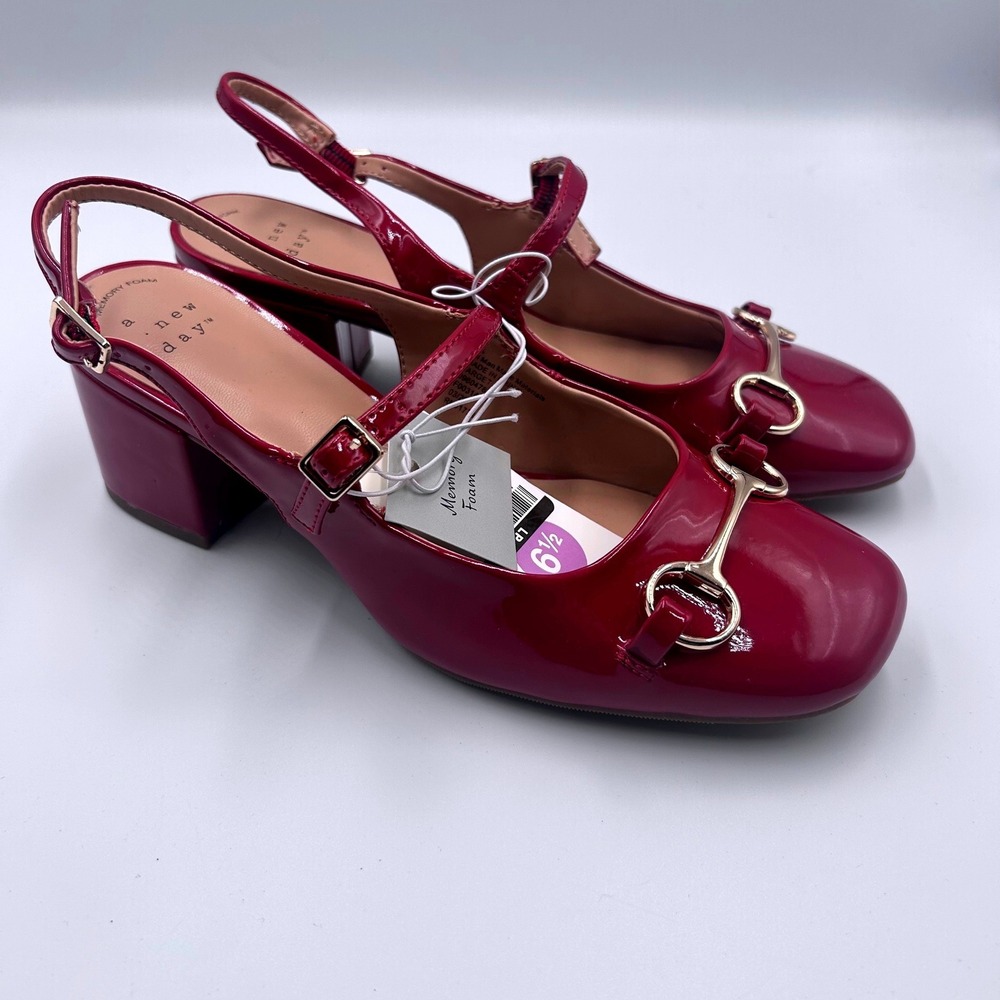 A New Day Lucky Square Toe Slingback Block Heel Pump Red Burgundy 6.5 NEW